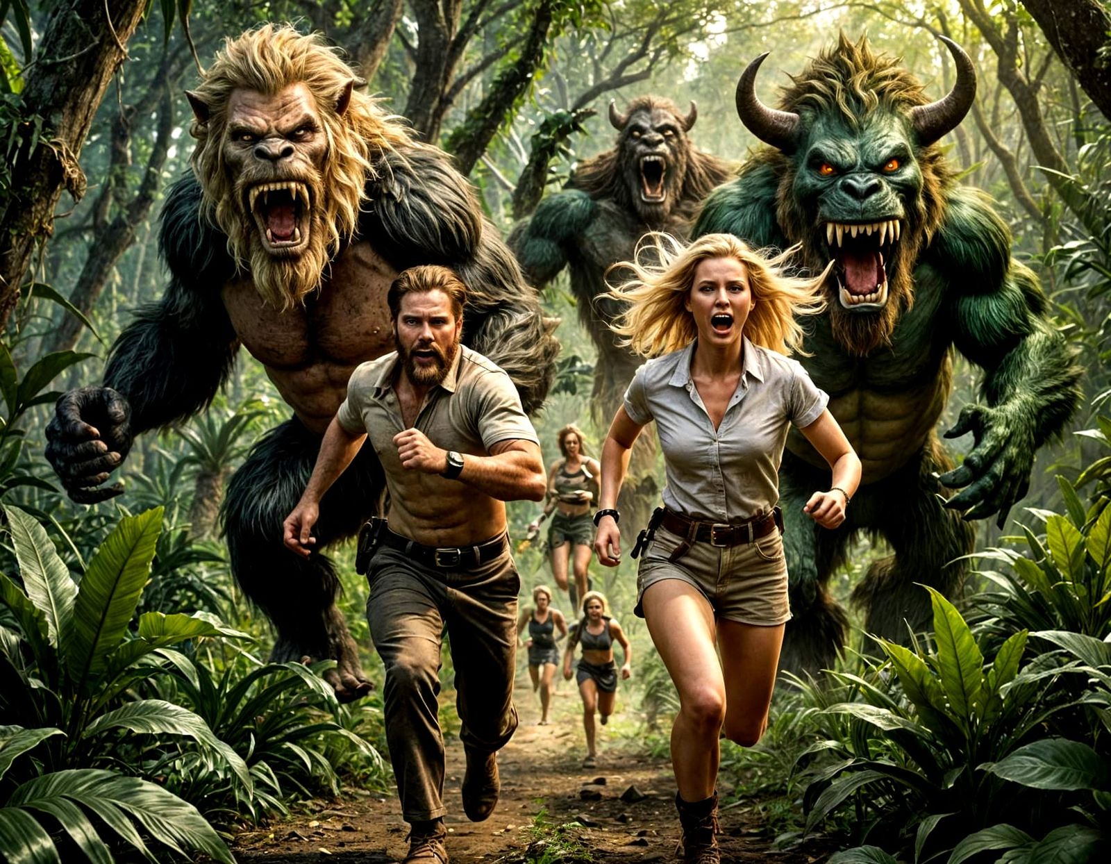 The man and woman run through the jungle with monsters chasing them