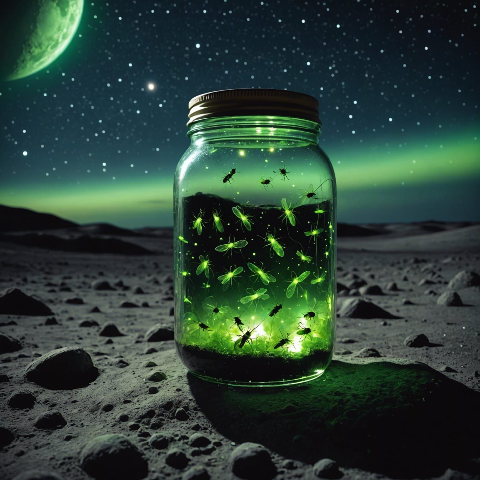 Glowing Fireflies in Jar on Moon, Macro Photograph
