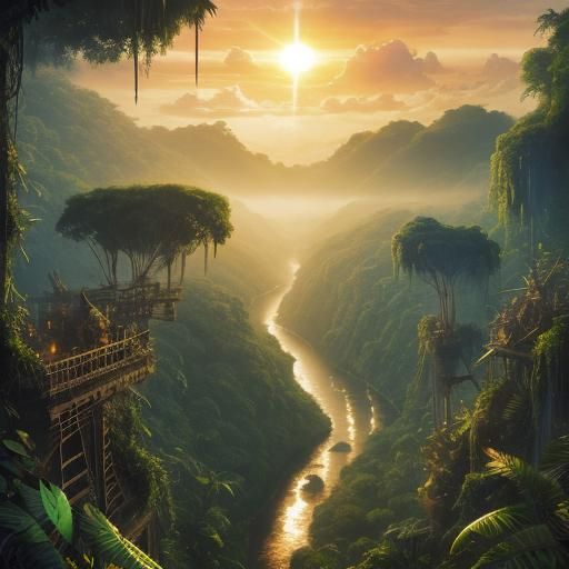 Amazon Jungle Birdlife at Sunrise: Digital Matte Painting