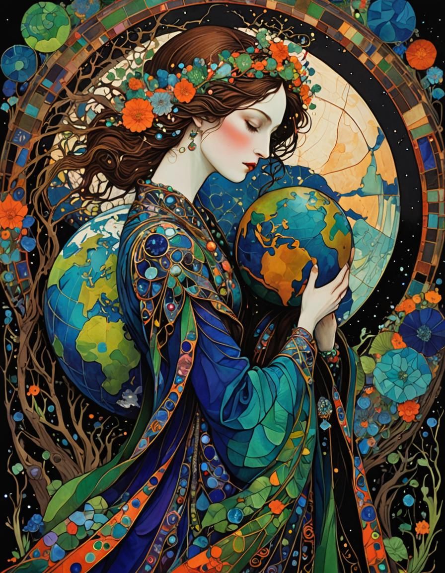 Mother Earth's Cloisonné Embrace: Fantasy Digital Painting