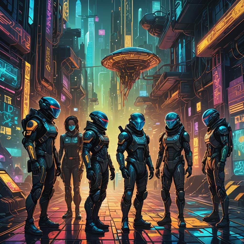 Cyberpunk Explorers Discover Alien Artifact in Cityscape