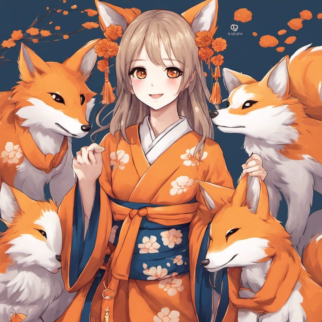 Orange Kitsune Girl in Korean Outfit: Anime Style