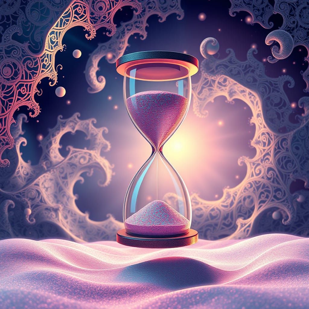 Surreal Dreamlike Hourglass in Fractal Landscape with Irides...