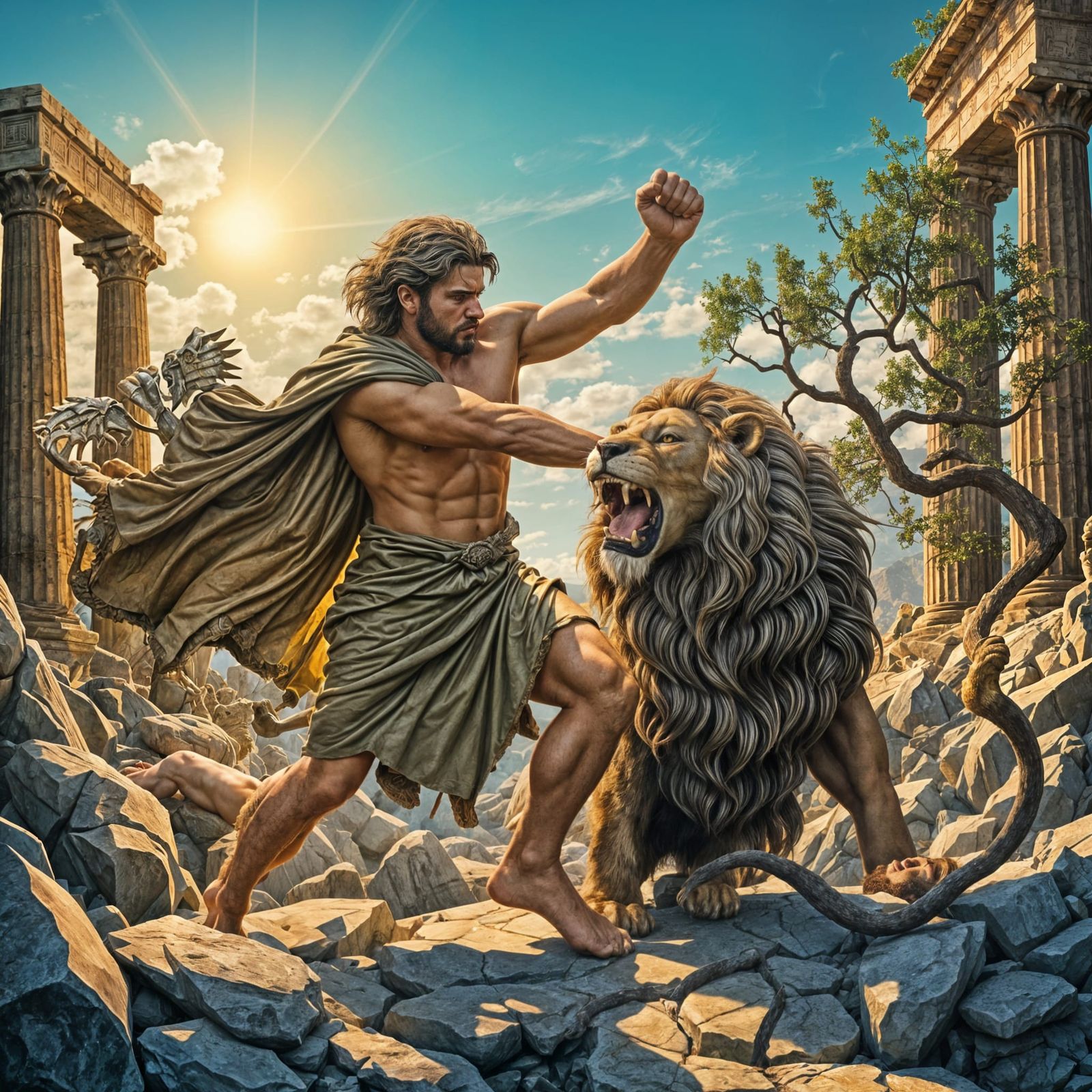 Muscled Heracles Grapples Nemean Lion in Ancient Greek Lands...