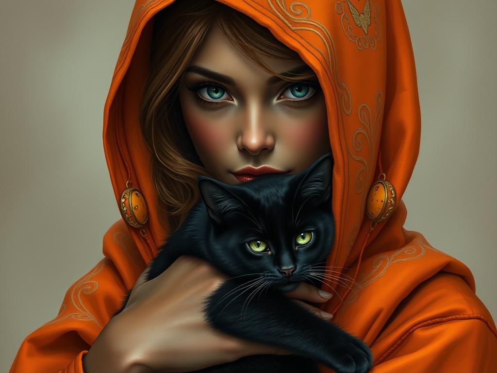 Dreamlike Woman with Cat in Surreal Fantasy Style