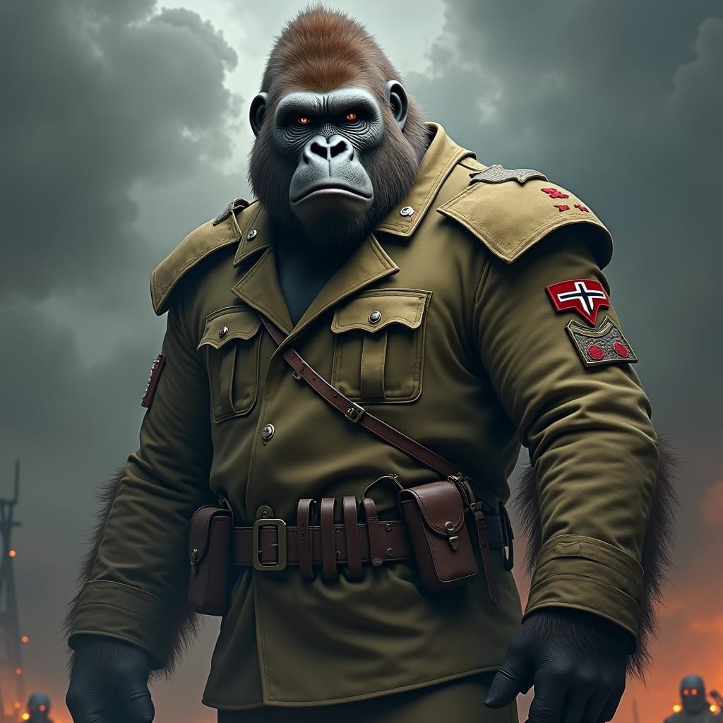 Heroic German Army Gorilla in Battlefield Landscape