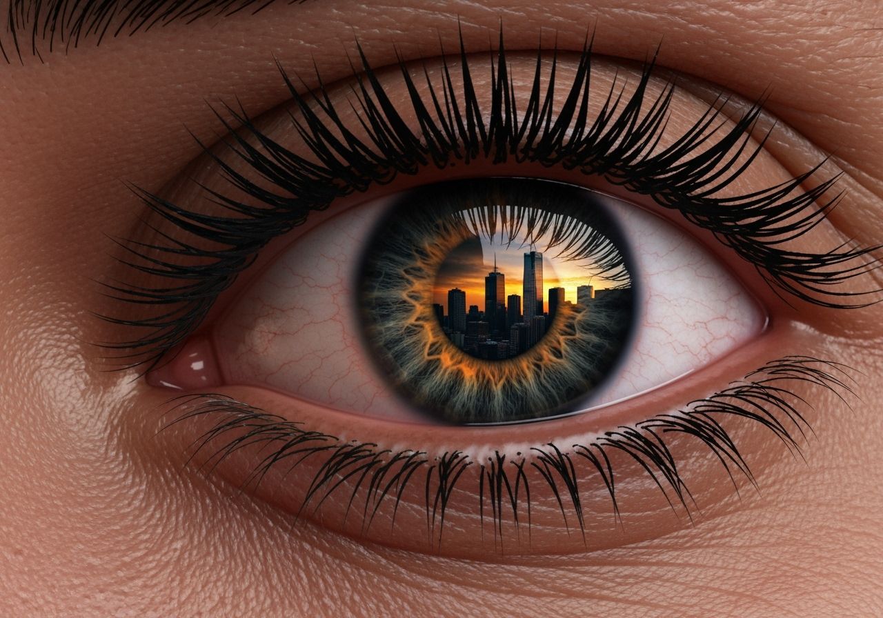 Dystopian Cityscape Reflected in Human Eye