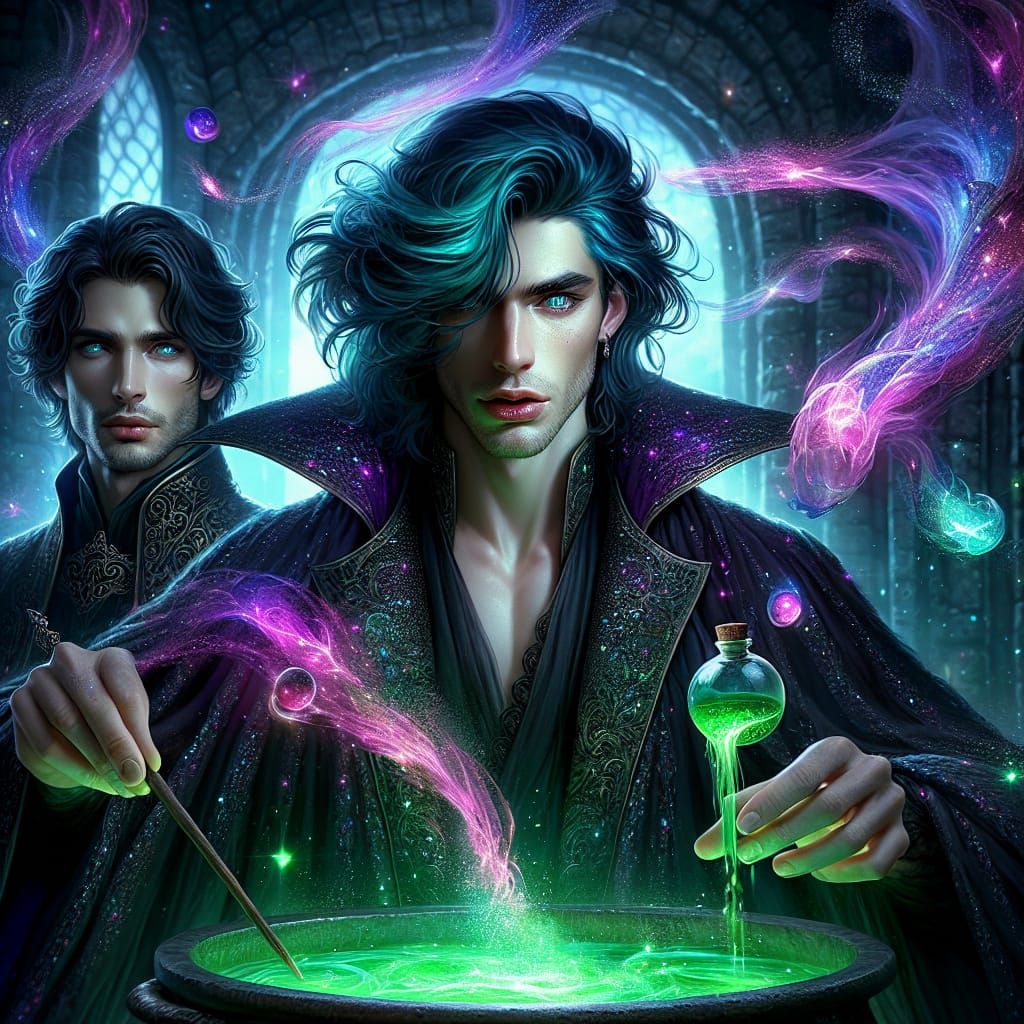 Wizard Apprentice Potion Mixing in Fantasy Castle