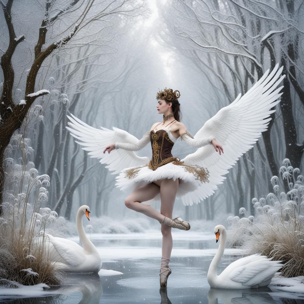 Steampunk Ballerina with Swans in Winter Forest
