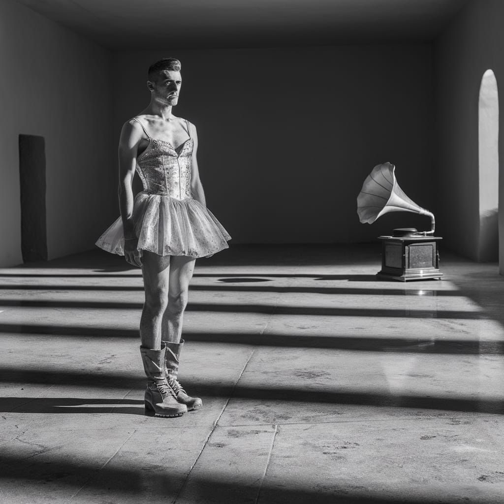 Surreal Man in Dress: Black and White Photography