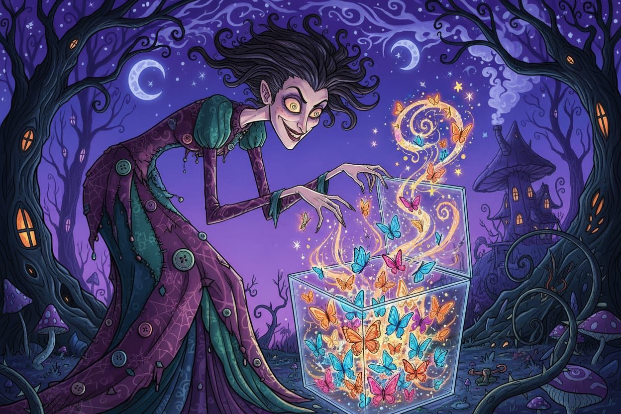 Whimsical Witch Casting Butterfly Spells in Tim Burton Style