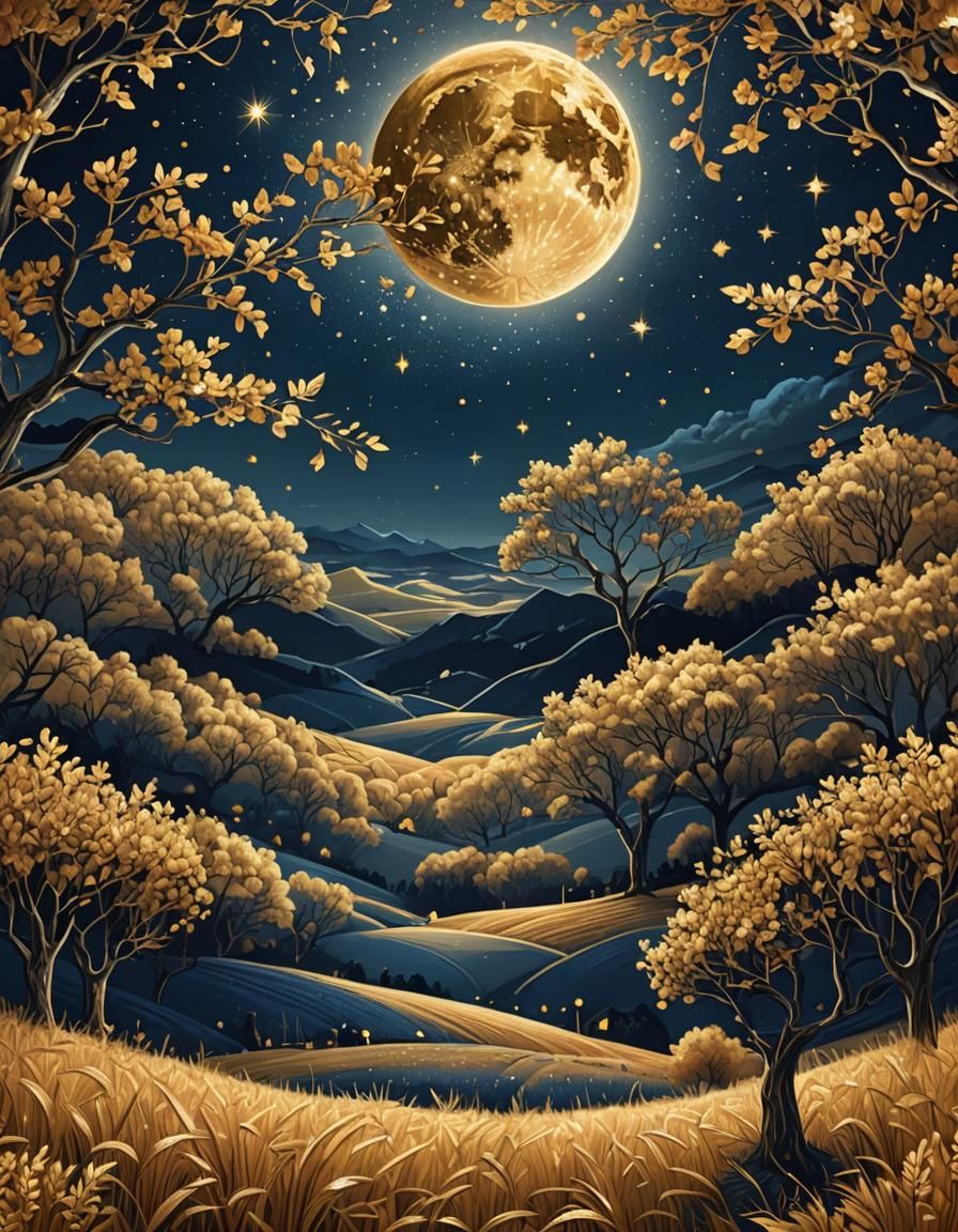 Golden Night Landscape with Glittering Stars