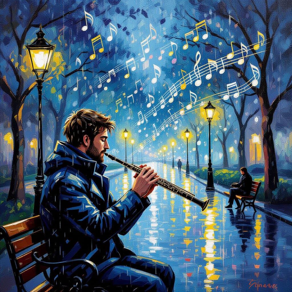 Man Playing Flute in Rain, Notes Transform into Light