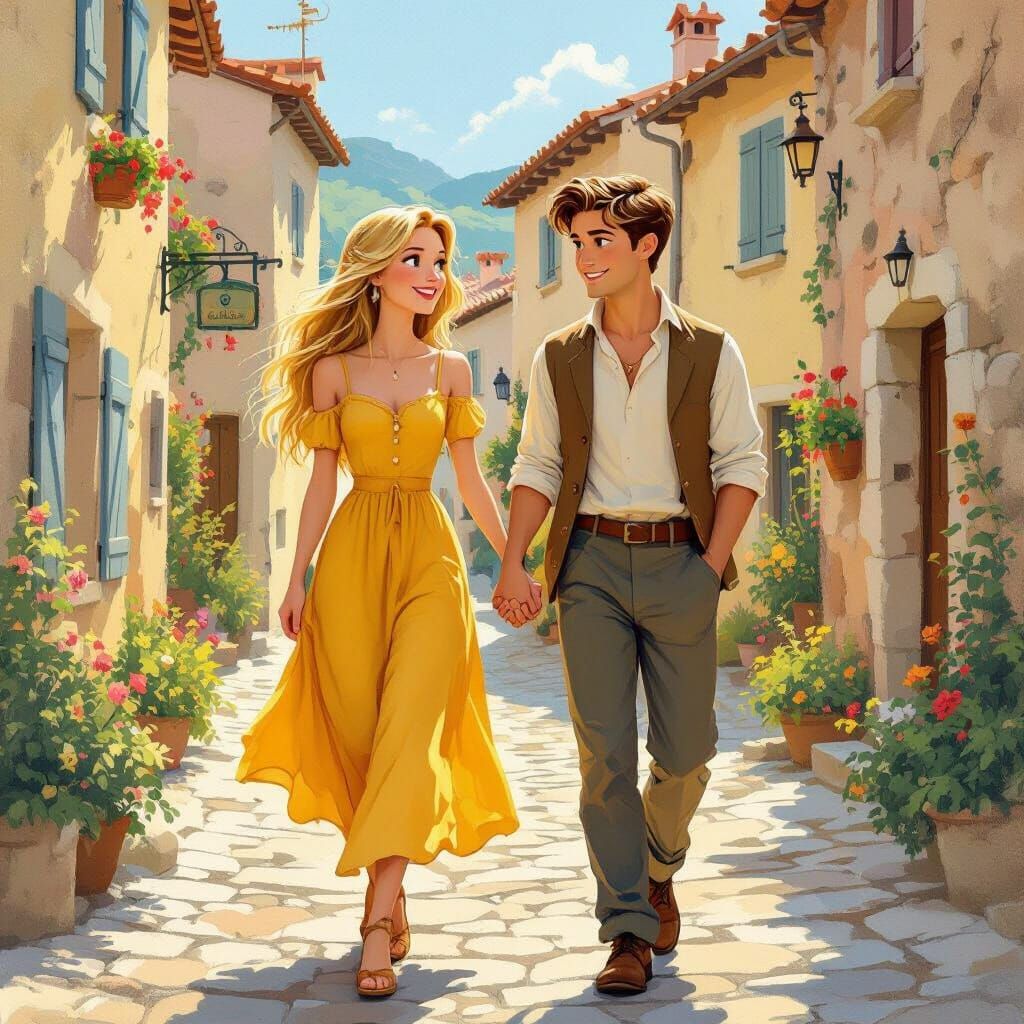 Romantic Stroll Through Corsica, Whimsical Art Style
