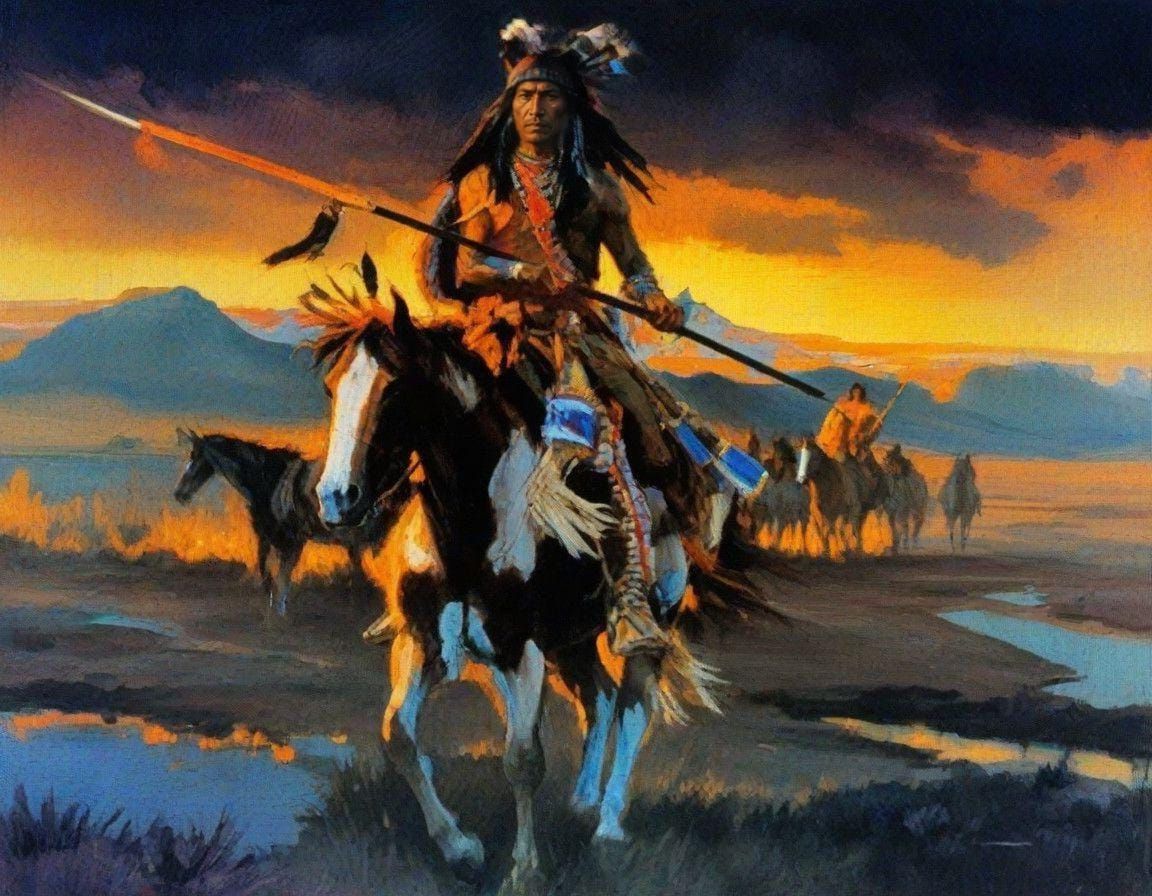 Native Warrior Rides into Sunset with Spiritual Flock