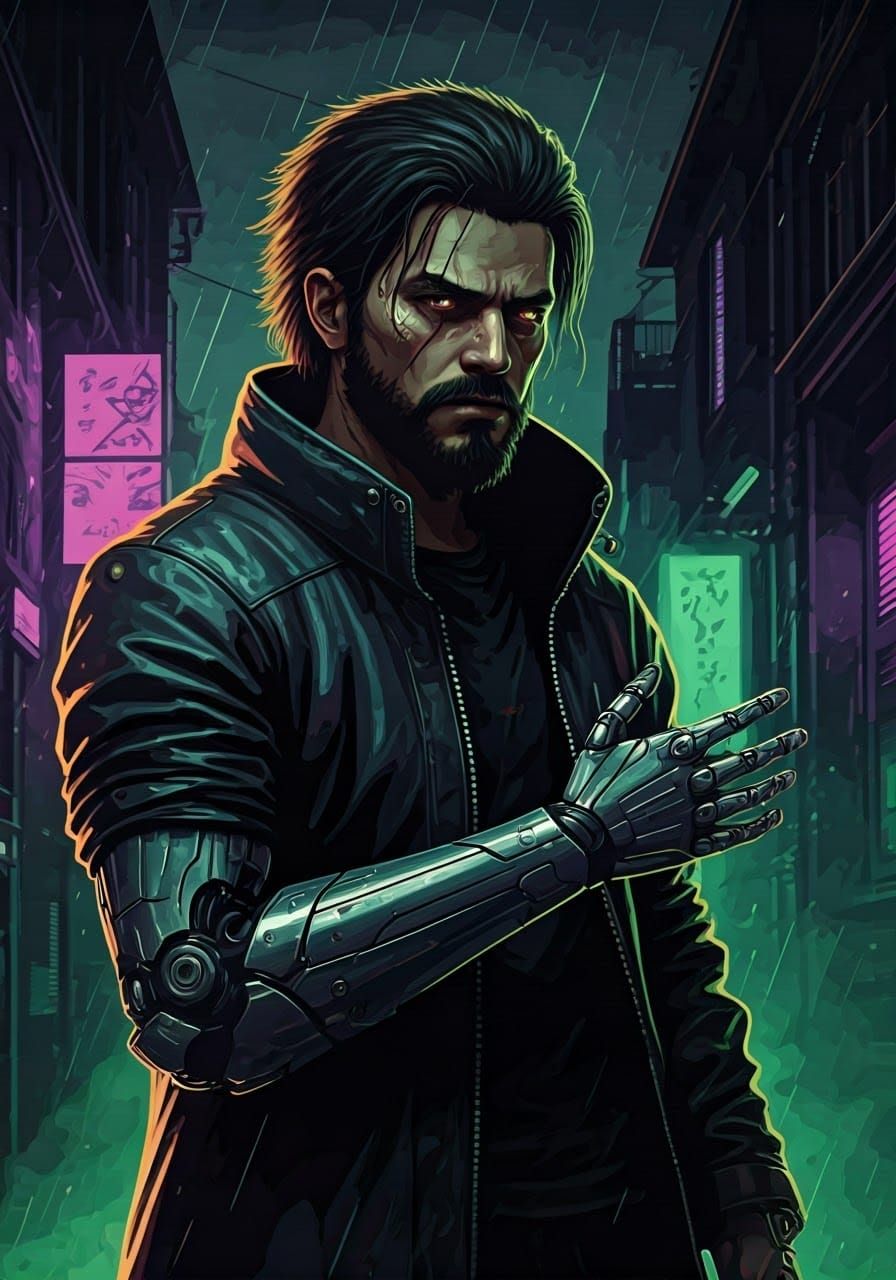 Cyberpunk Portrait with Robotic Arm in Dystopian Alley