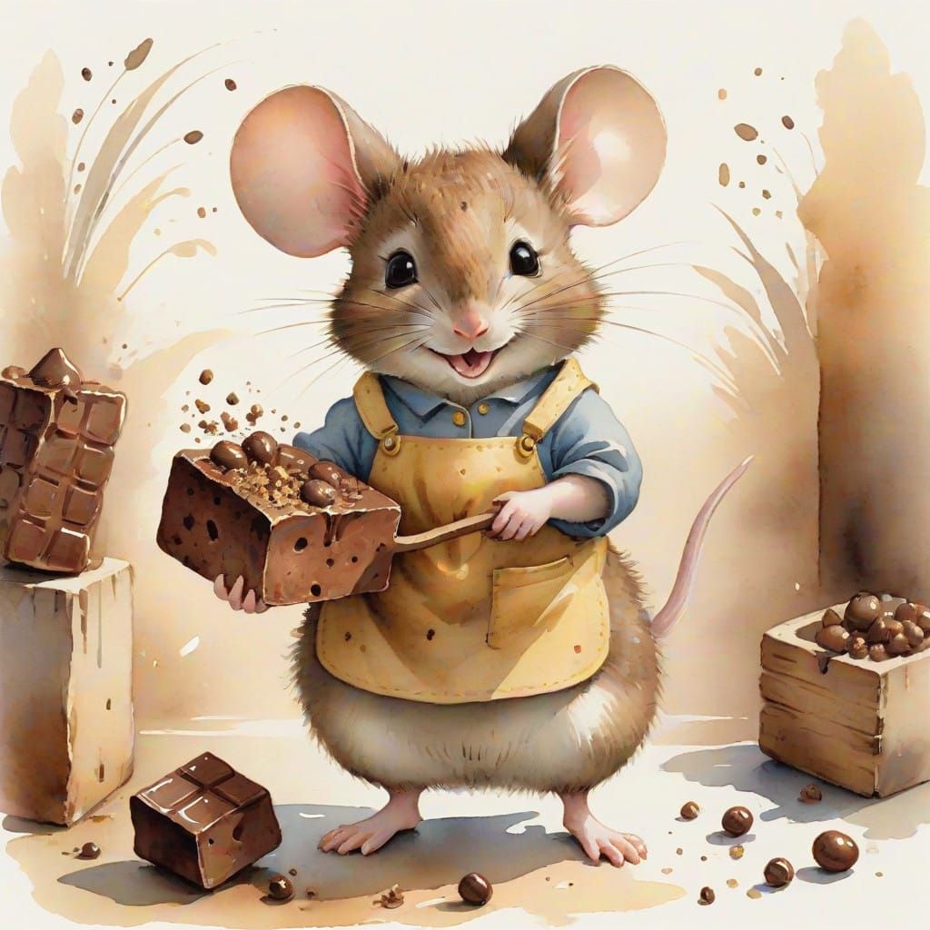 Chubby Mouse with Chocolate Delight in Whimsical Watercolour