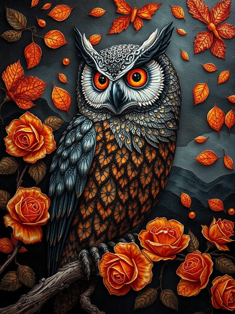 Joyous Autumn Owl Portrait in Beadwork Style