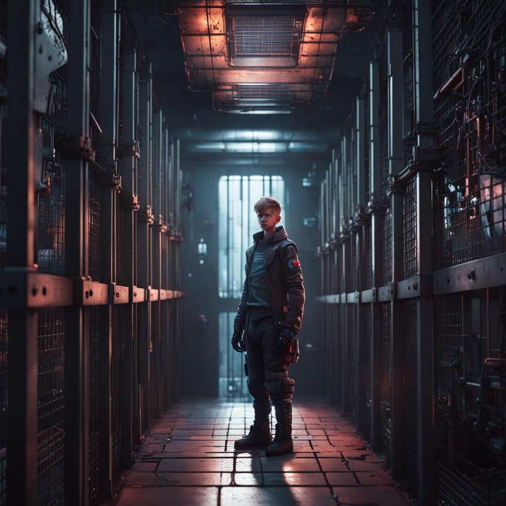 Cyberpunk Nekoboy in Sci-Fi Prison Cell