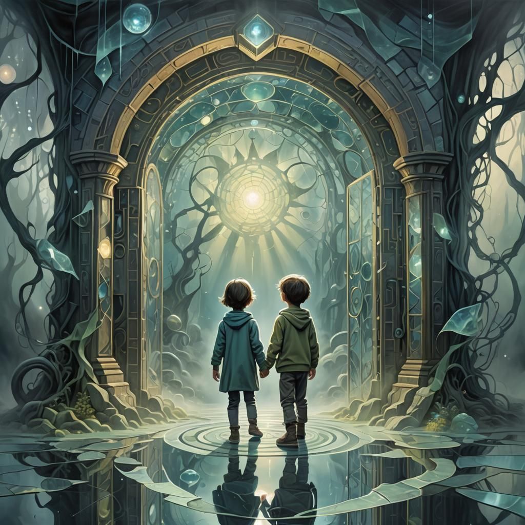 "Ethereal Crystalline Metamorphosis Cubism, a timid child entering a magical portal to an alien world, mystic fog, Refle...