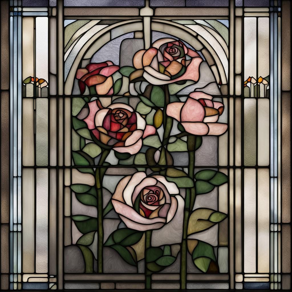 Rose Stained Glass Window in Art Deco Style