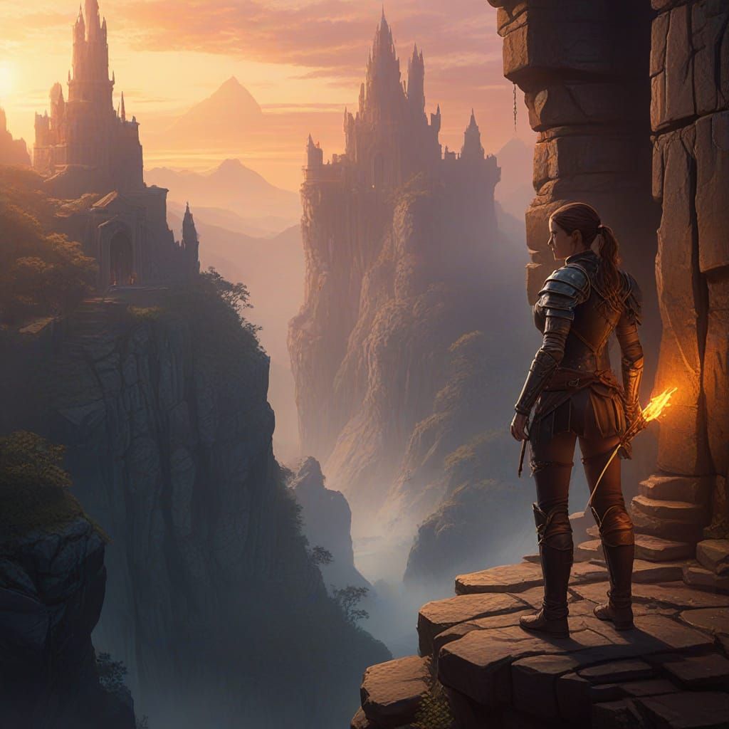 Ethereal Fantasy Maiden Stands at Chasm's Edge