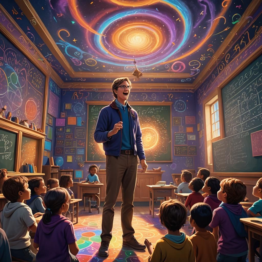 Math Teacher in a Fantasy Classroom, Detailed Matte Painting