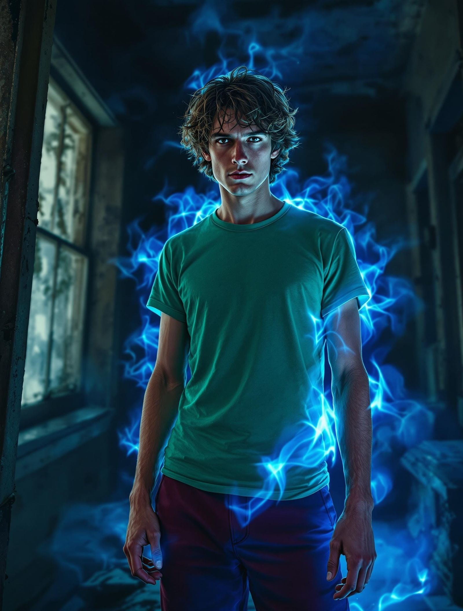 Hyperrealistic Portrait of a Determined Young Man in a Haunt...