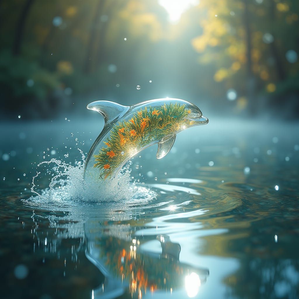 Ethereal Glass Dolphin Leaping in Shimmering Lake