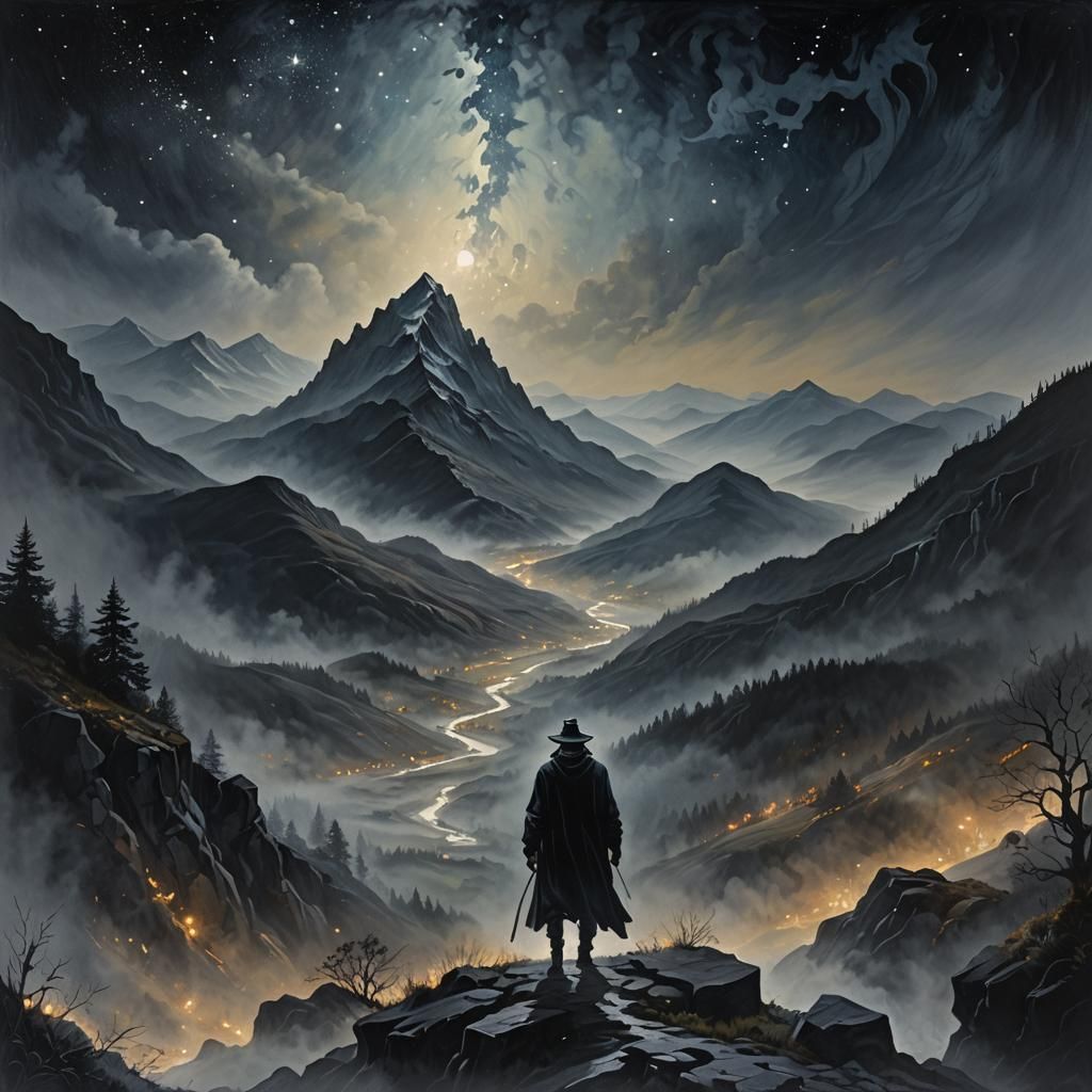 Mystical Landscape Painting of Foggy Mountain Valley