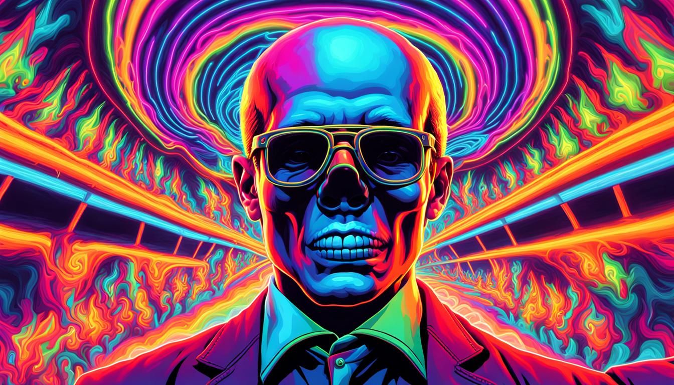 "Title: "Psychedelic Psychopath: Neon Nightmare" Description: Create an AI-generated image of a hyper-realistic scene fe...