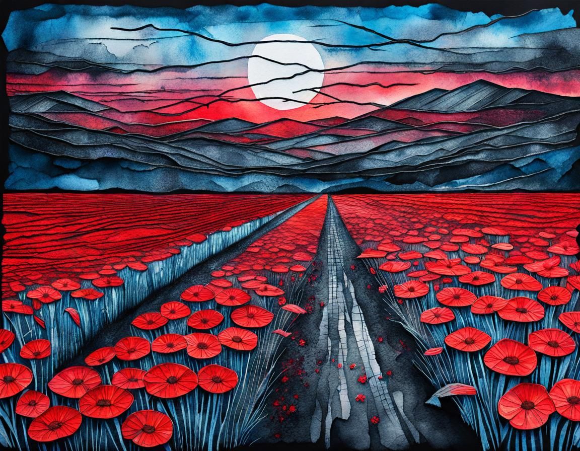 Crimson Cosmos Poppies Field: Vintage Oil Painting