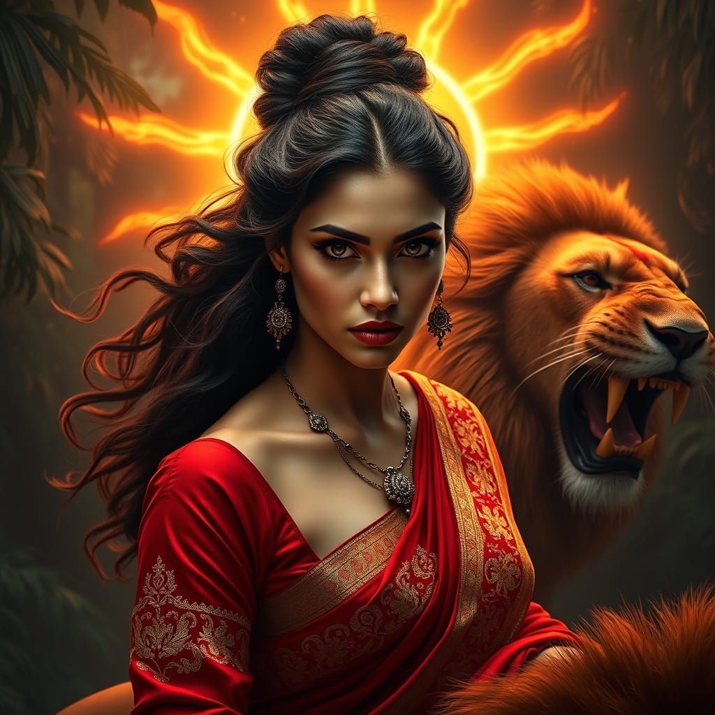 Stunning Kurdish Woman in Bold Red Saree, Riding a Roaring L...