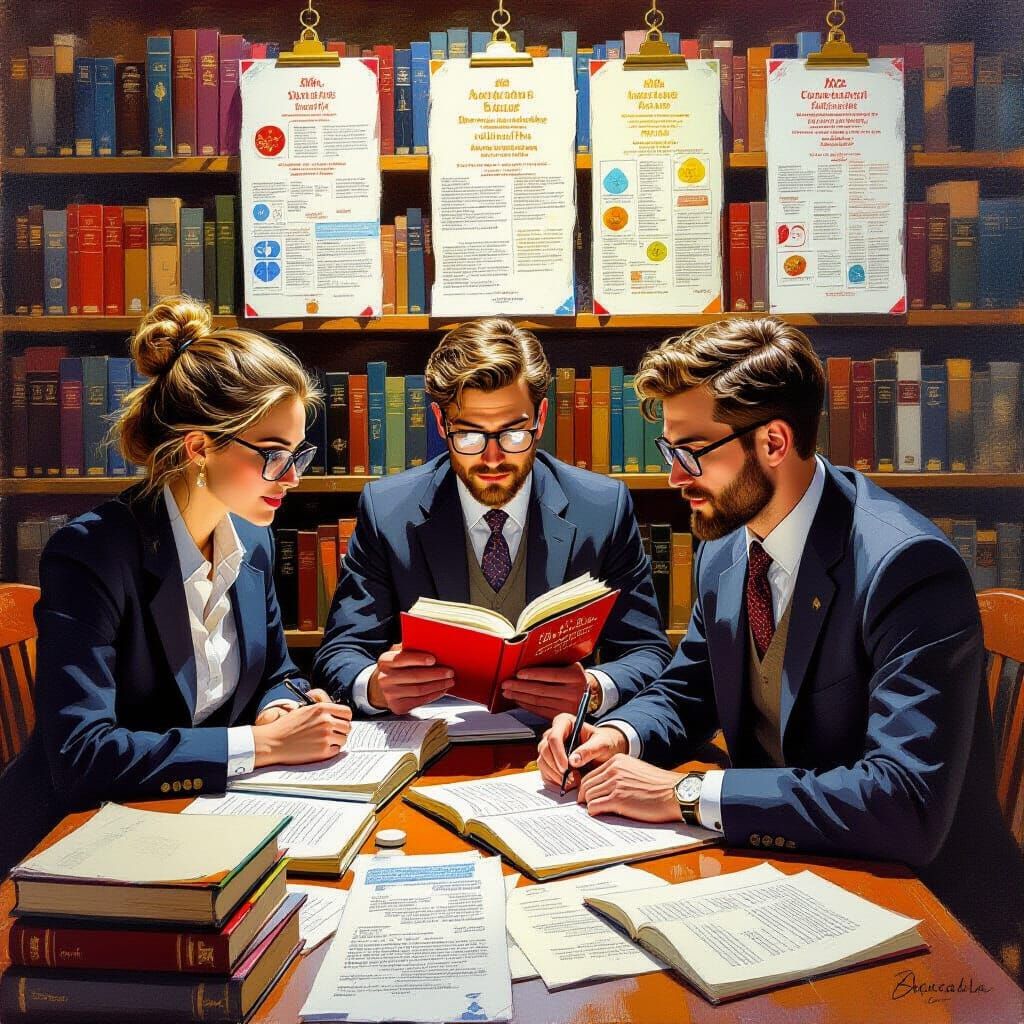 People in Library with Ingredient Charts as Gouache Painting