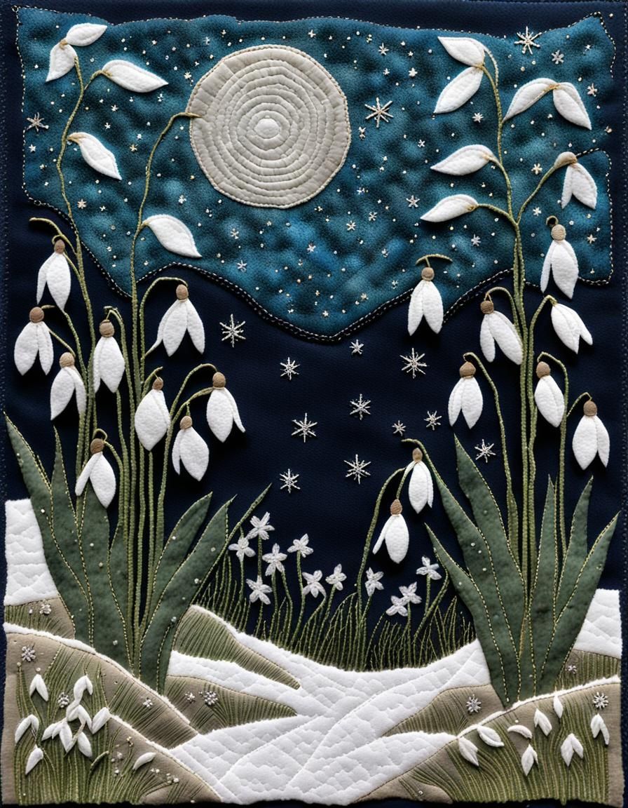 Snowdrops Fabric Collage with Embroidery and Vintage Element...
