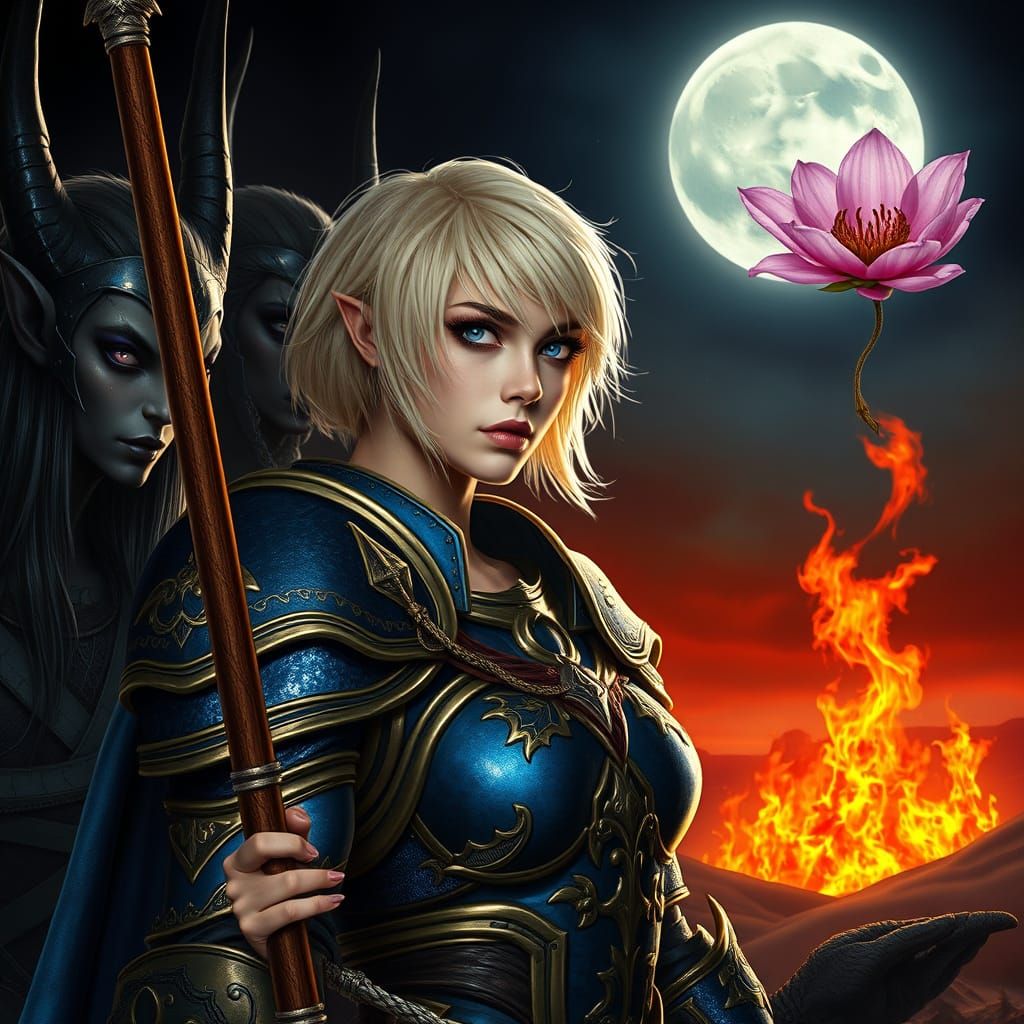 Malevolent Blonde Warrior in Elegant Blue and Gold Armor