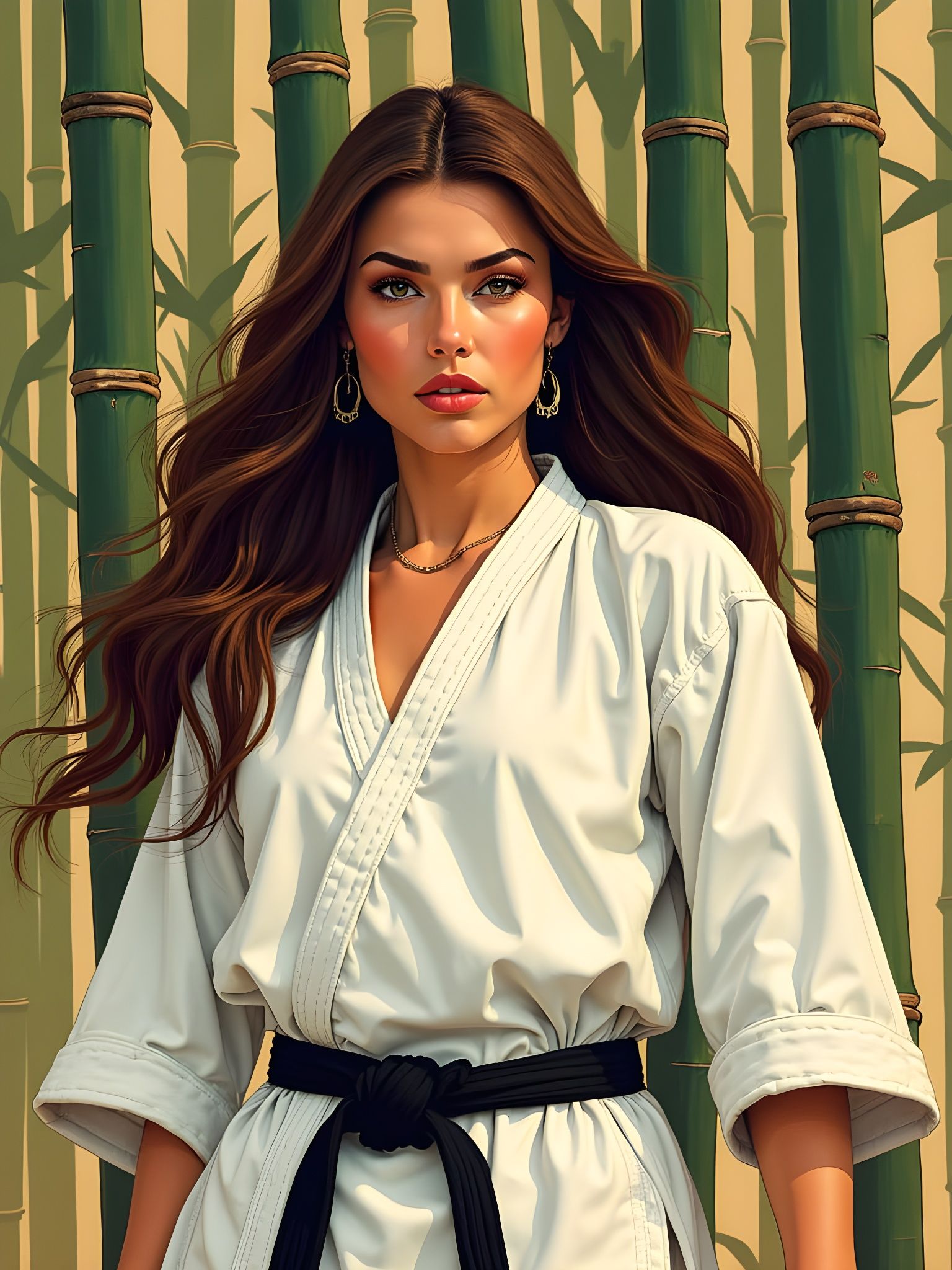 Raquel Welch Karate Pose with Bamboo Plants