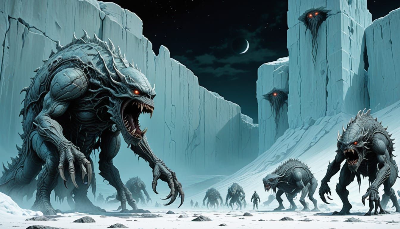 Giant Cyclops Monsters and Demons on Lunar Ice Wall in Sci-F...