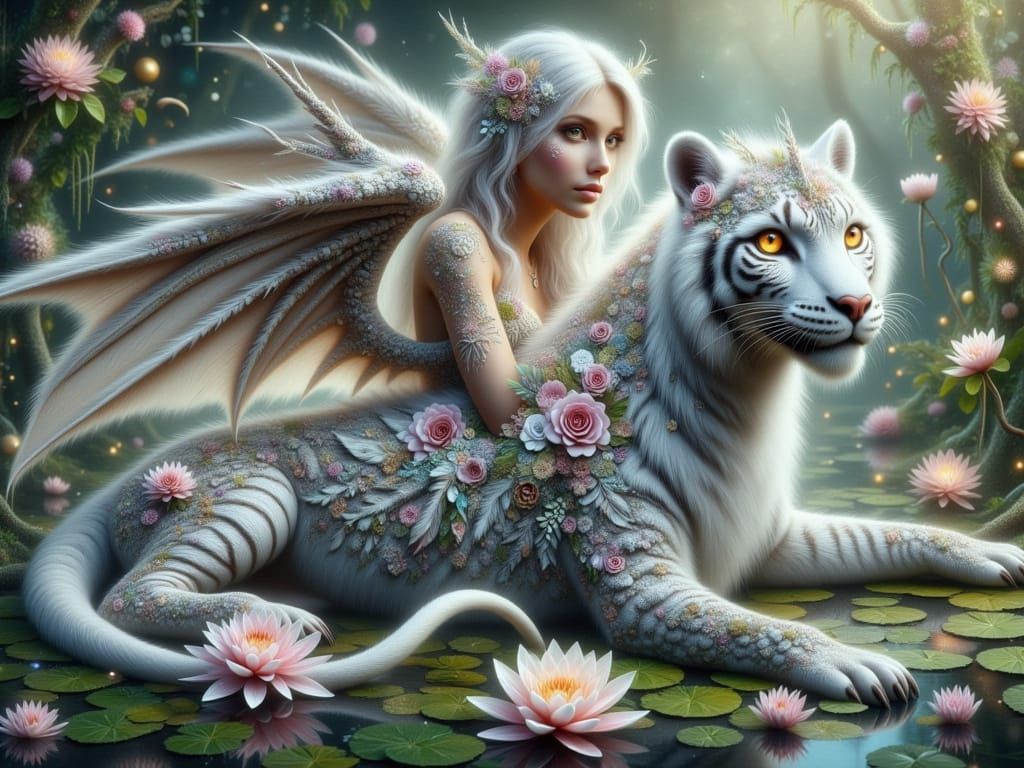 Dragon-Human Hybrid with White Tiger Stripes Fantasy Portrai...