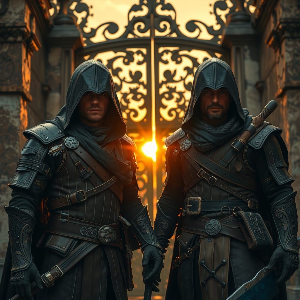 Assassin Warriors Guarding Gate at Sunset