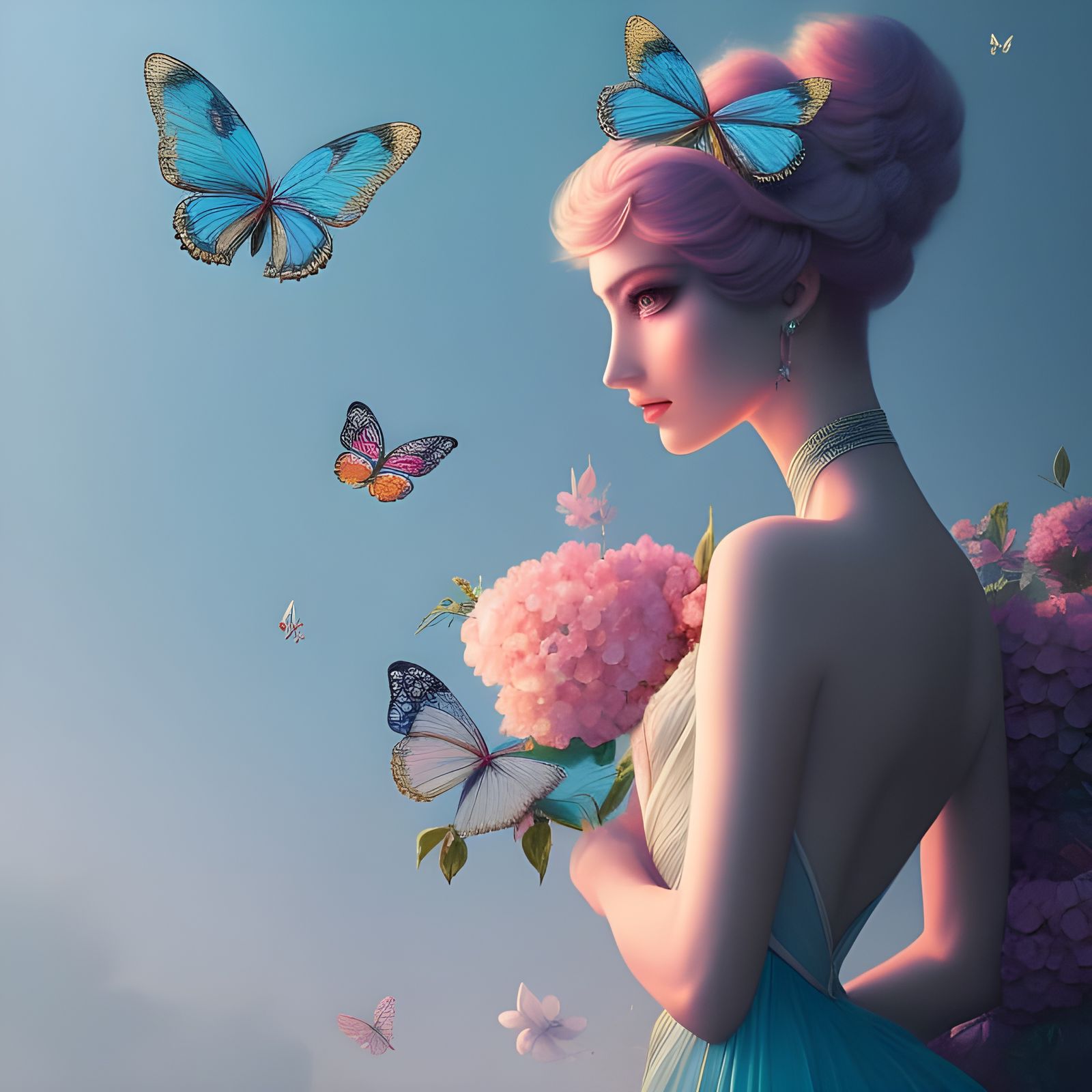 Mechanical Girl with Butterflies in Cyberpunk Art Deco Style