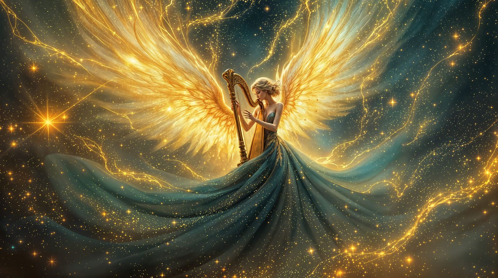 Celestial Harpist in Cosmic Nebula