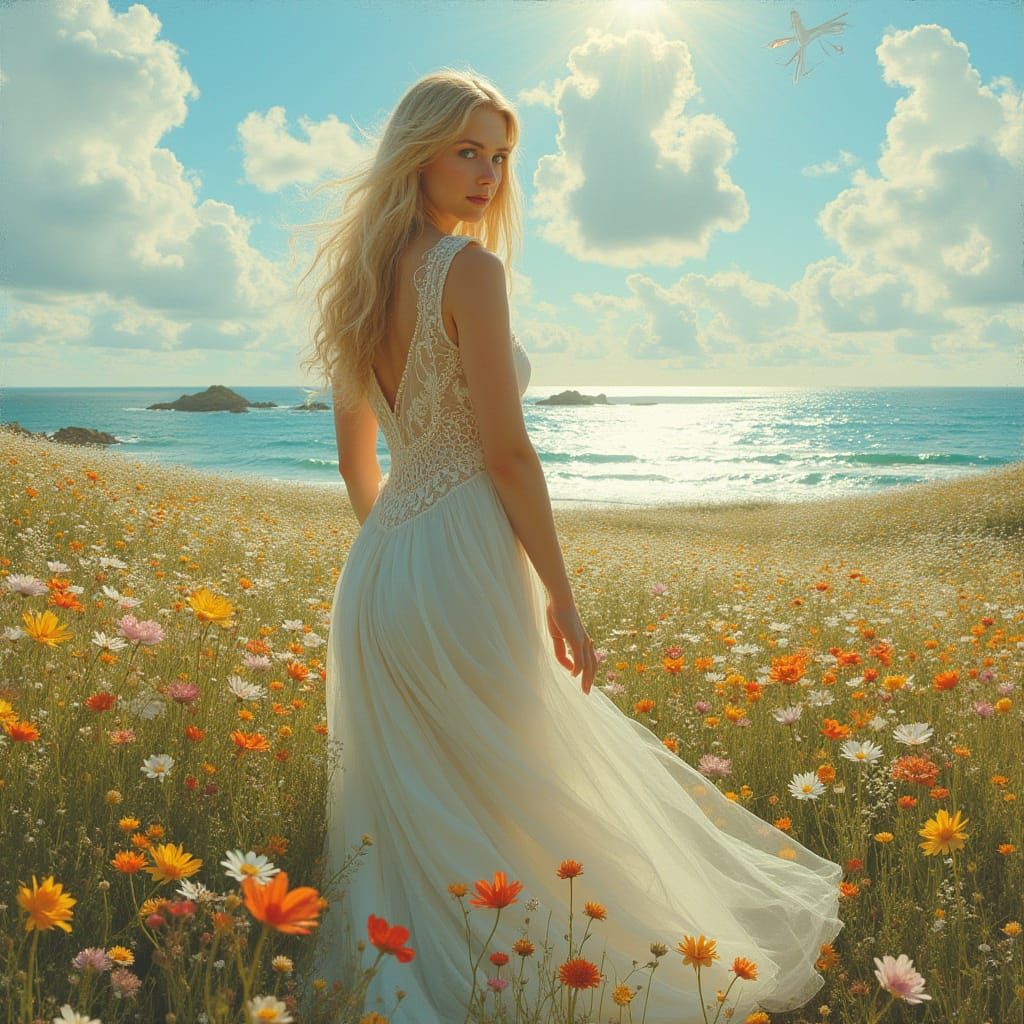 Scandinavian Woman in Flower Field, Art Nouveau Style