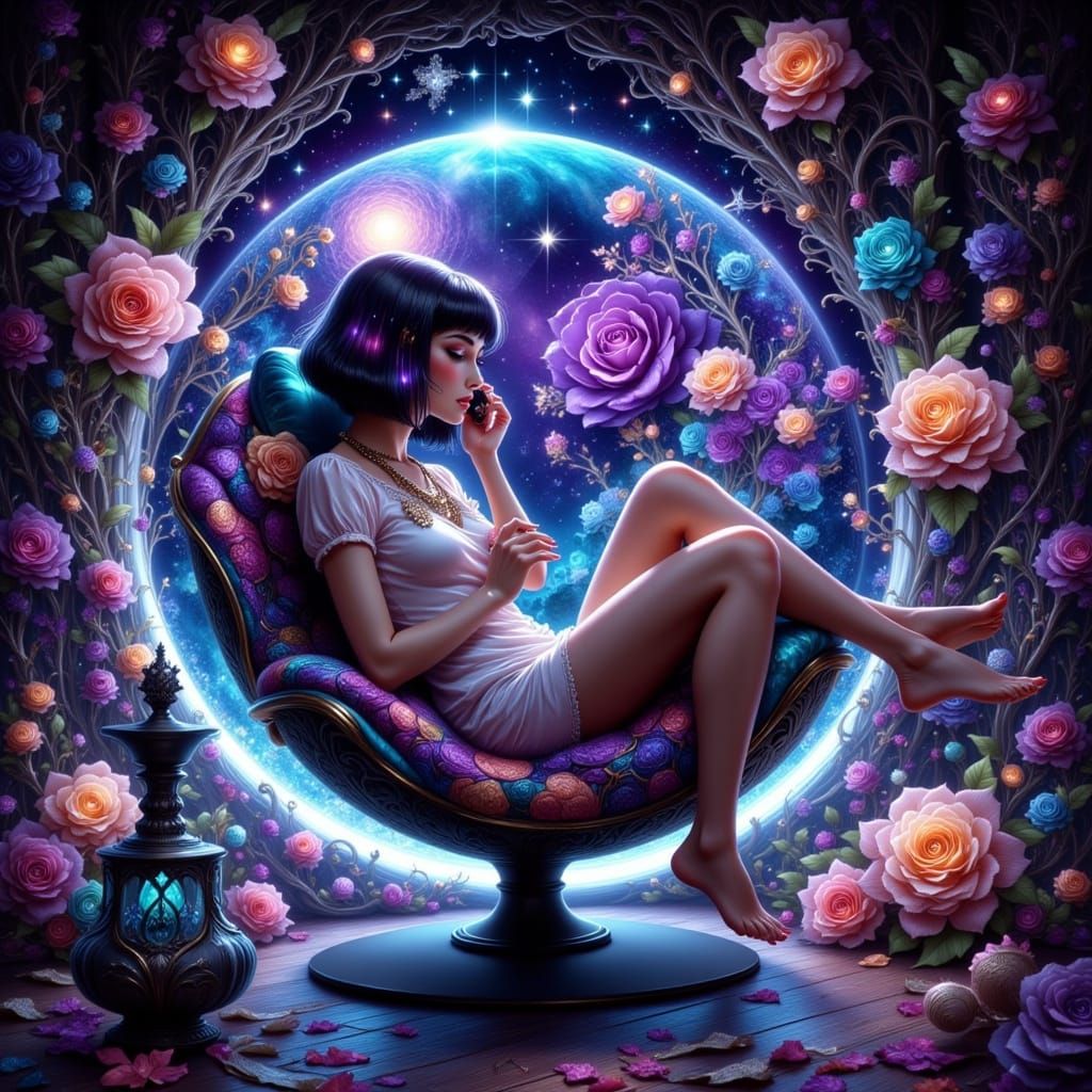 Woman in Zero-G Chair Surrounded by Synesthesia Art