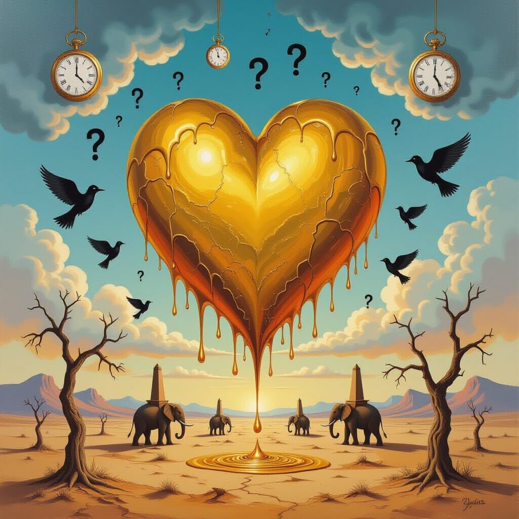 Surreal Golden Heart with Winged Question Marks