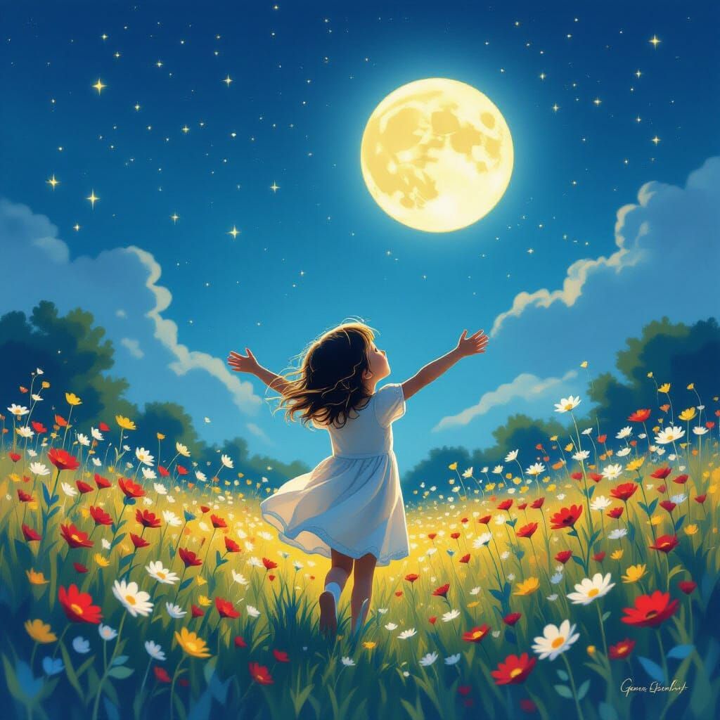 Child Dancing in Moonlit Field of Flowers