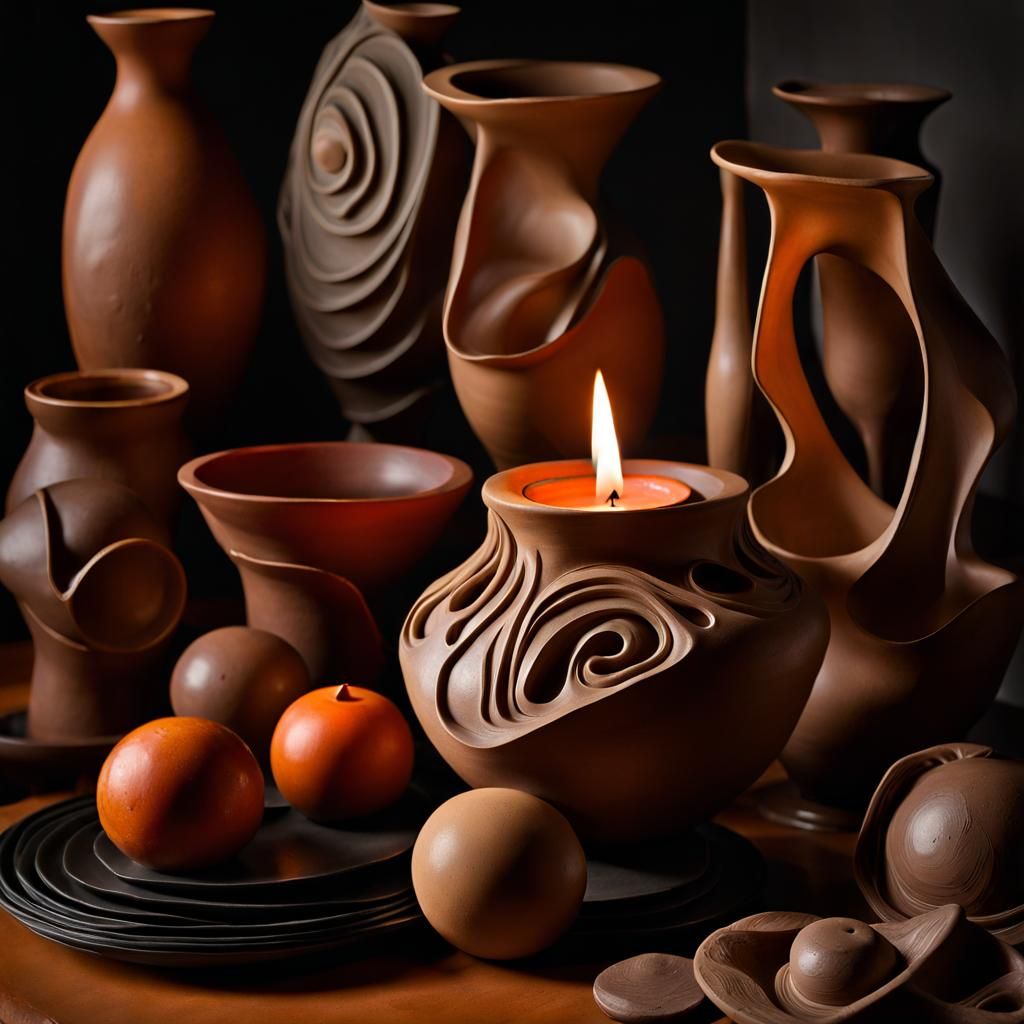 Detailed Clay Pottery with Candlelight