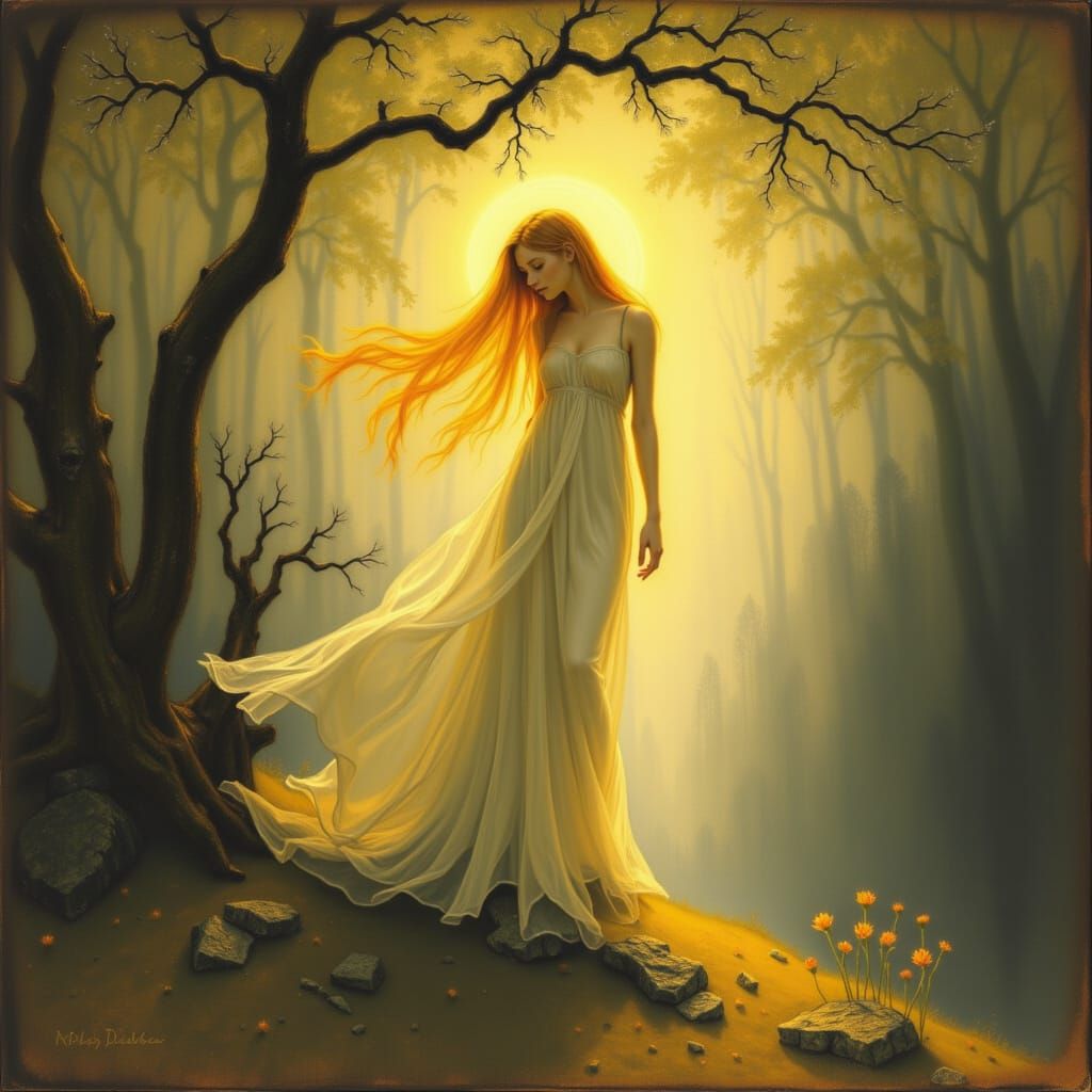 Blonde Dryad of Birch Tree in Sunlit Forest Fantasy Art