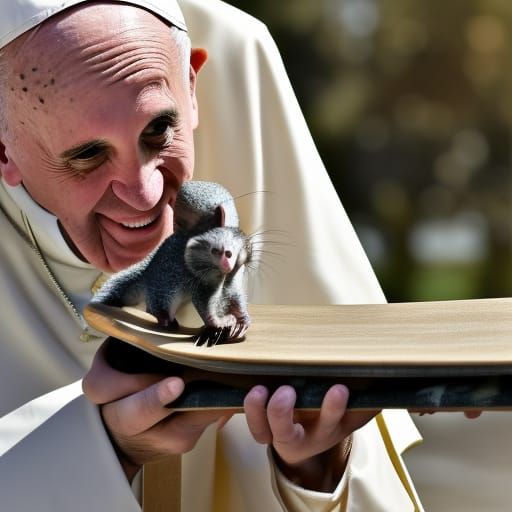 Pope on a skateboard with a possum