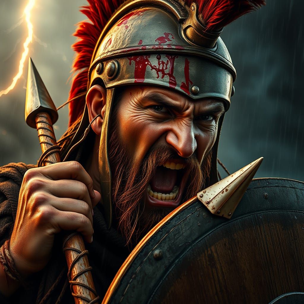 Battle-Scarred Spartan Warrior in the Tempest
